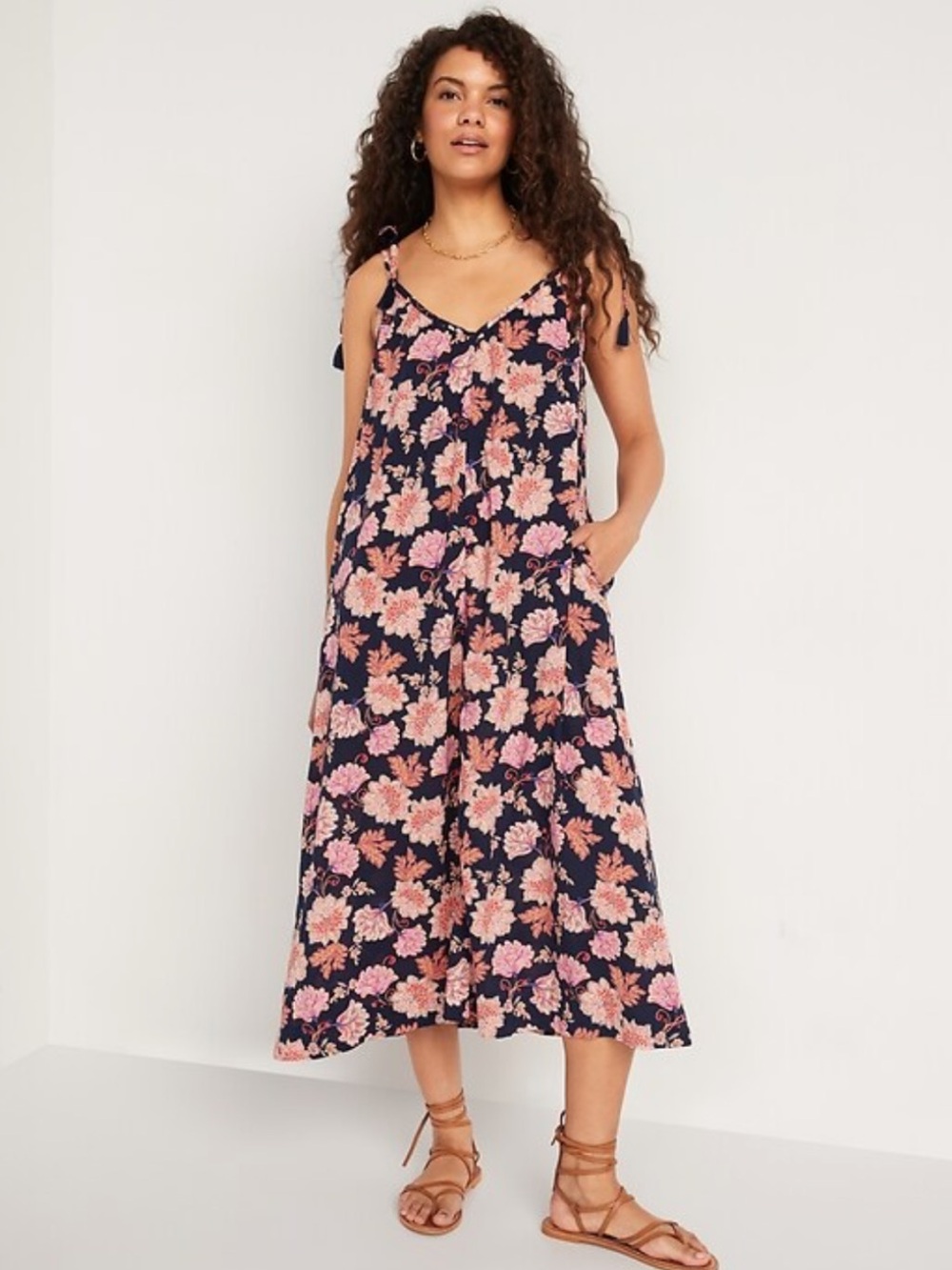 Old Navy Tie Shoulder Tasseled Floral Maxi Swing Dress XL NWT